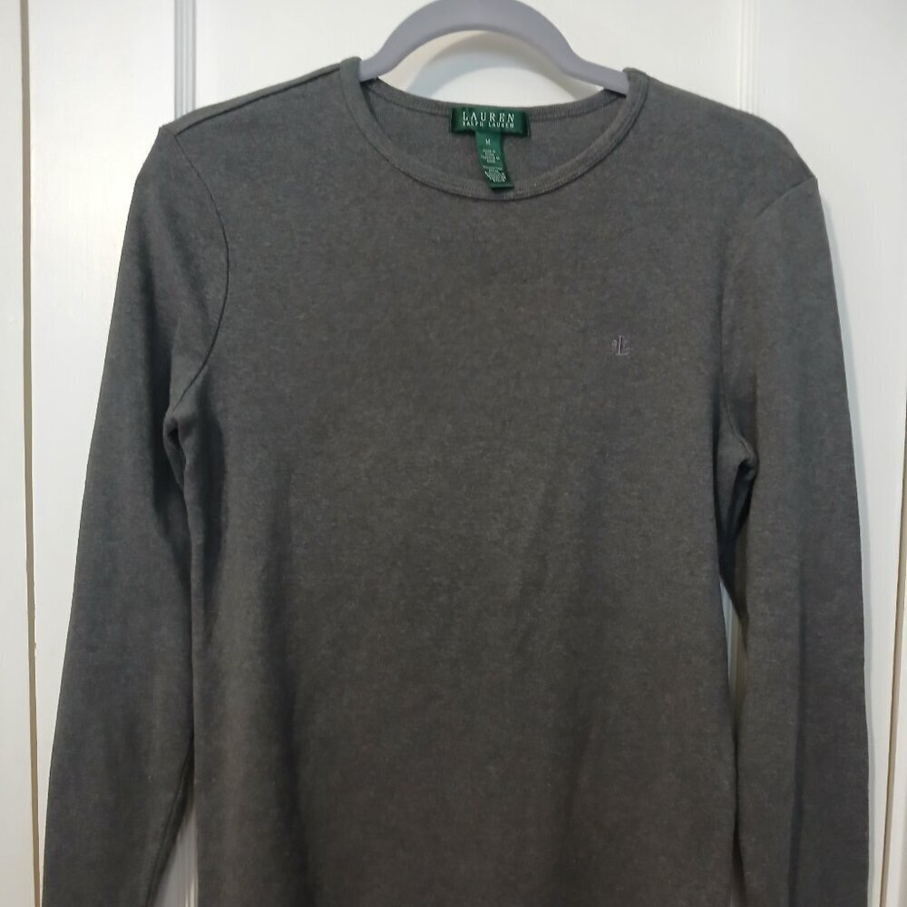 LAUREN RALPH LAUREN WOMENS POLO TOP, DARK GRAY, LONG SLEEVE, SIZE MED